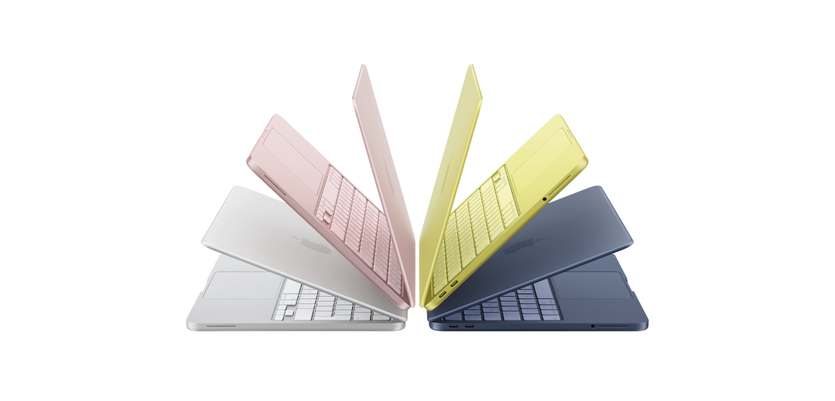 Ein Fächer des Apple MacBook Neo mit den Farben Silber, Rosa, Zitrus und Indigo
