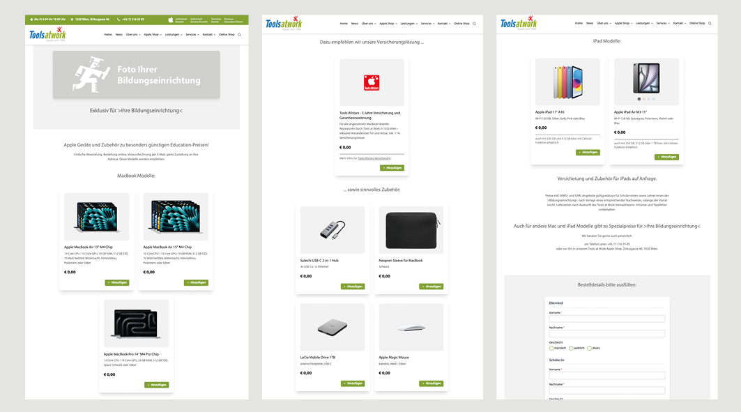 Drei Screenshots einer Tools at Work Bestell-Landingpage als Muster