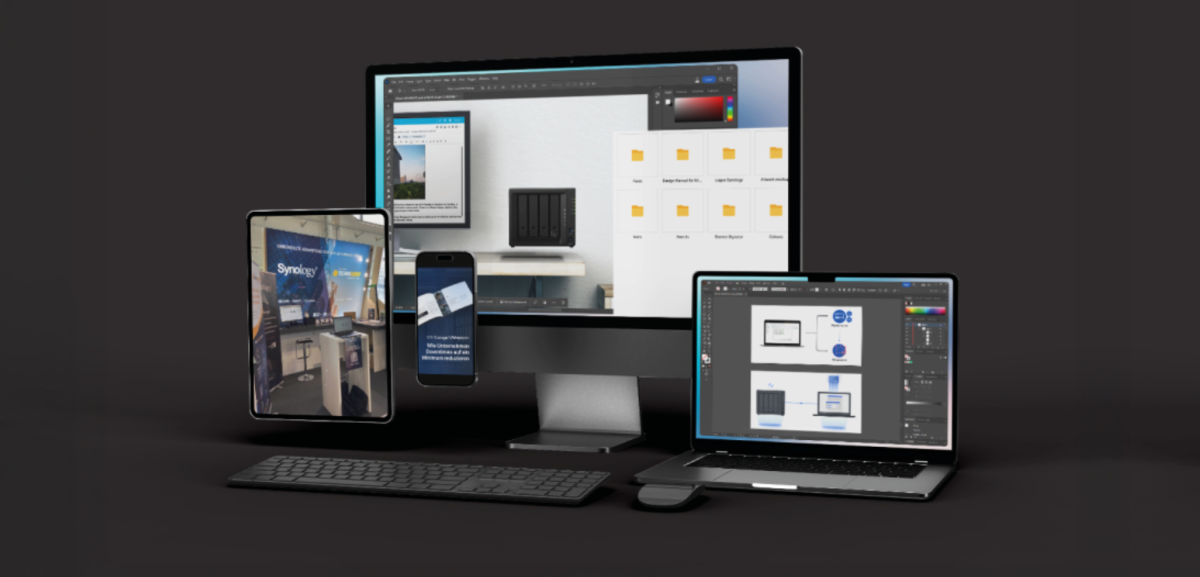 Eine Gruppe von Apple Geräten mit der Anwendung von Synology Lösungen durch Tools at Work